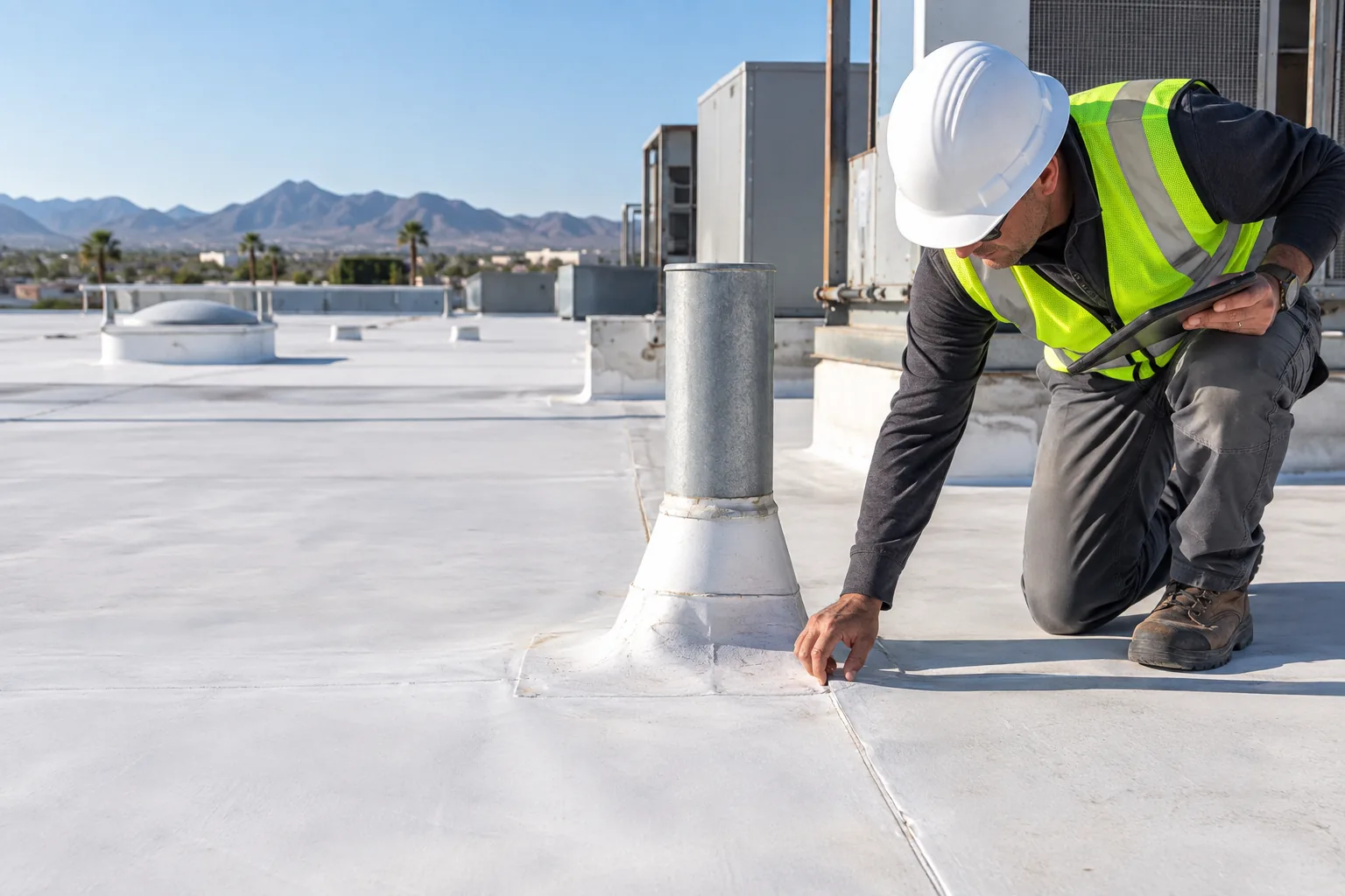 Inspector assessing a commercial roof surface
